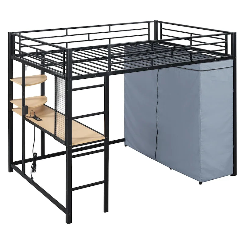 Metalen hoogslaper in Full Size met bureau, planken, stopcontact, ledlamp en kledingkast