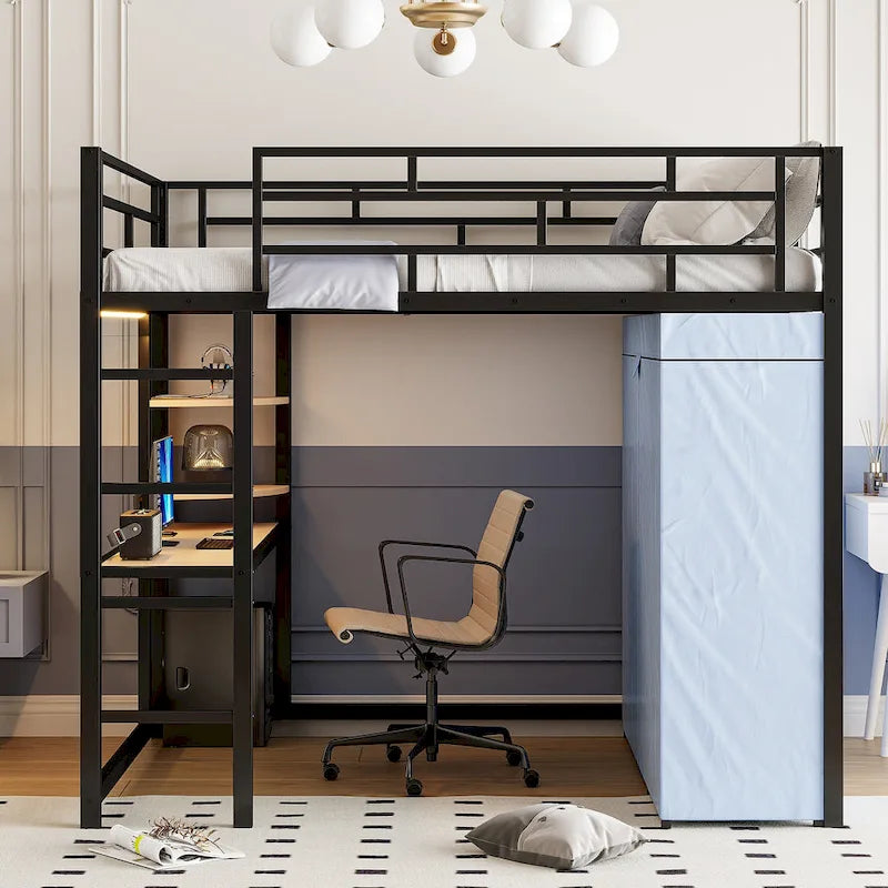 Metalen hoogslaper in Full Size met bureau, planken, stopcontact, ledlamp en kledingkast