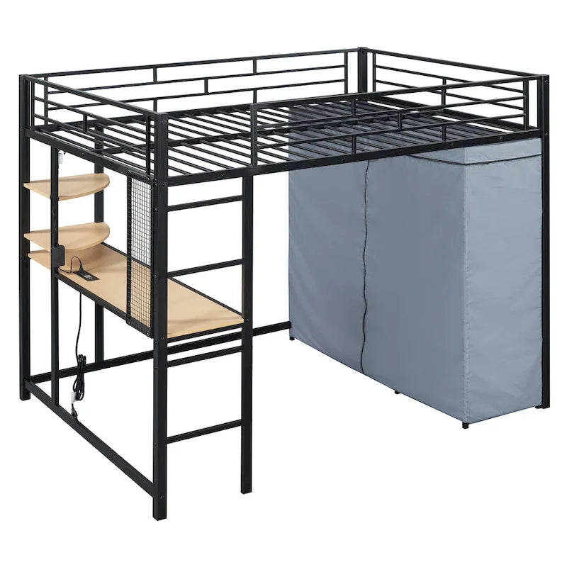 Metalen hoogslaper in Full Size met bureau, planken, stopcontact, ledlamp en kledingkast