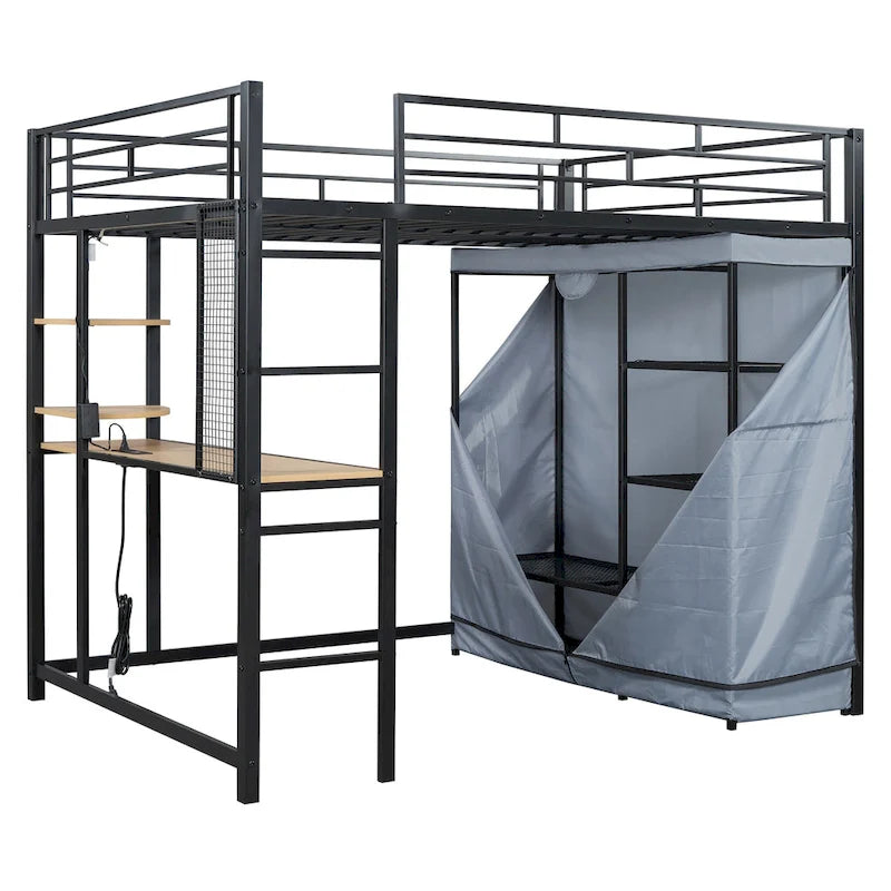 Metalen hoogslaper in Full Size met bureau, planken, stopcontact, ledlamp en kledingkast