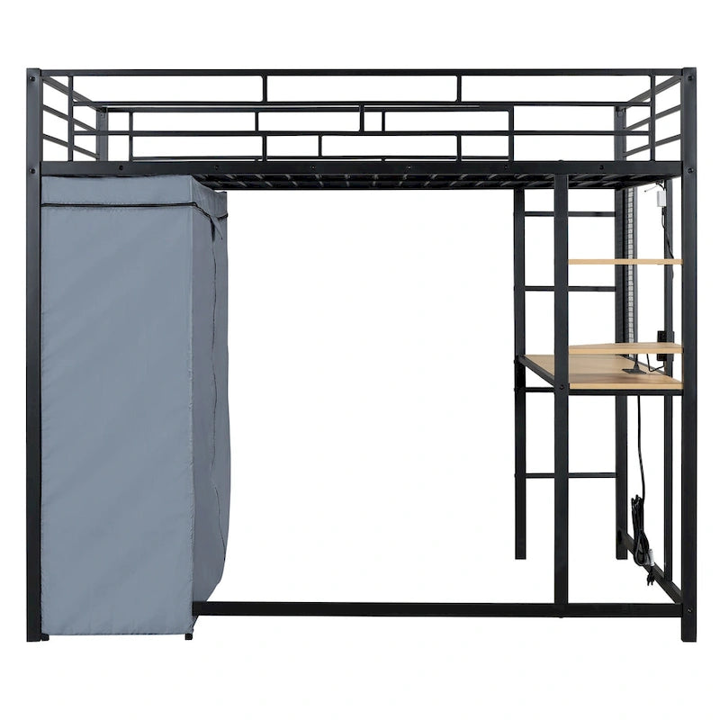 Metalen hoogslaper in Full Size met bureau, planken, stopcontact, ledlamp en kledingkast