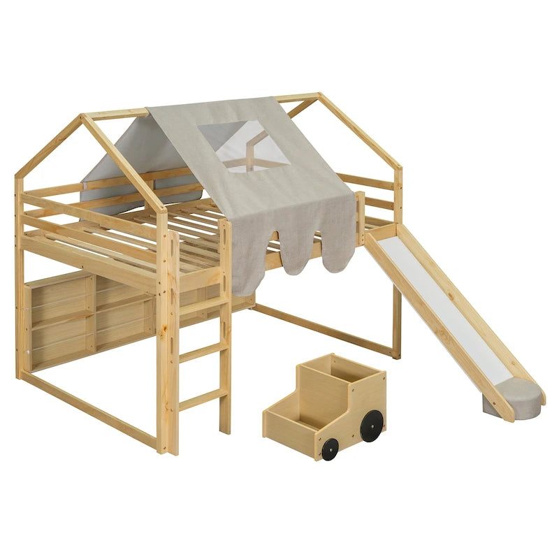 Houten hoogslaper in Full Size met huisvormig frame en een tent
