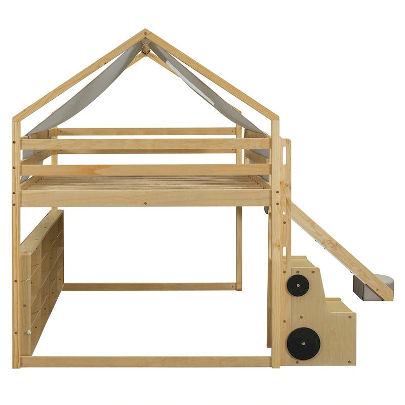 Hochbett aus Holz in Doppelbettgröße mit hausförmigem Rahmen und Zelt