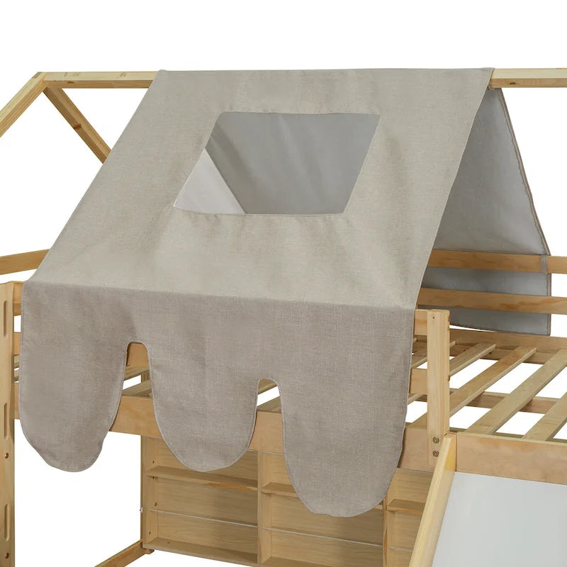 Hochbett aus Holz in Doppelbettgröße mit hausförmigem Rahmen und Zelt