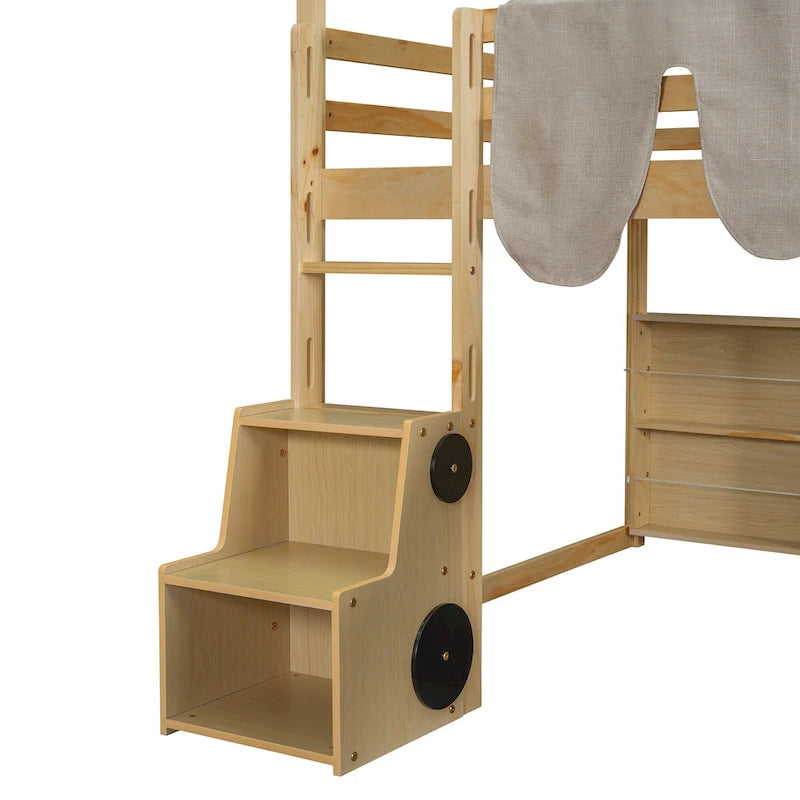 Houten hoogslaper in Full Size met huisvormig frame en een tent