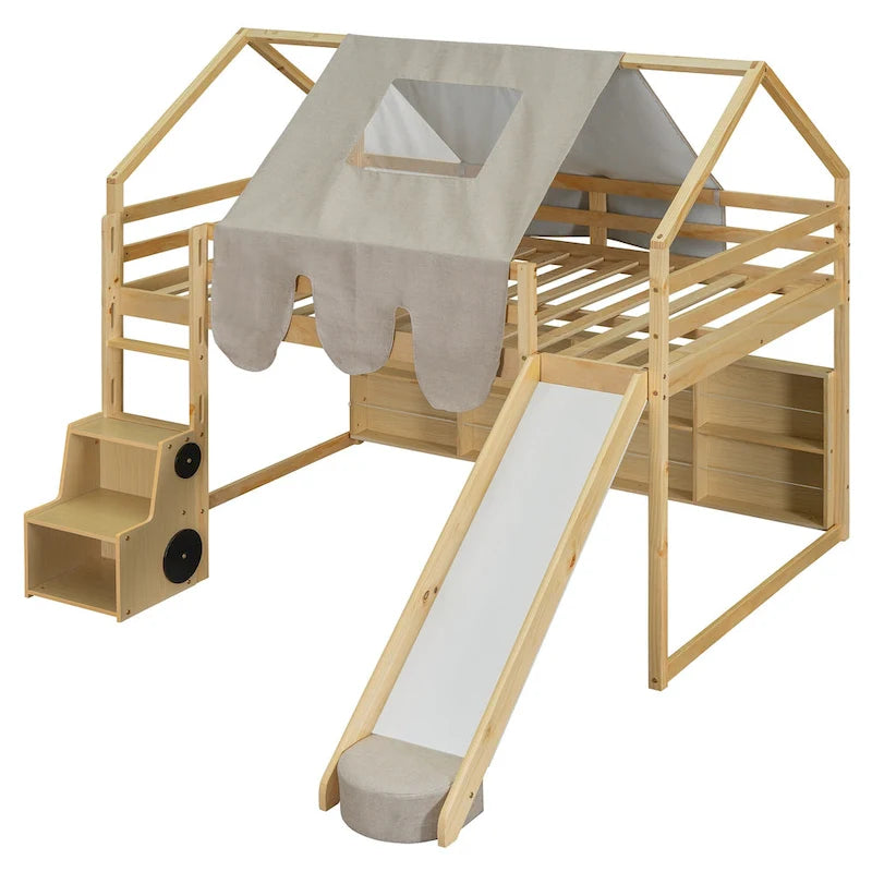 Hochbett aus Holz in Doppelbettgröße mit hausförmigem Rahmen und Zelt