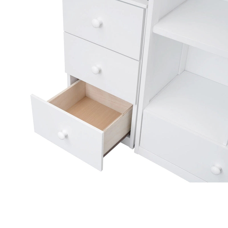 Twin Size Loft Bed with L-Shaped Desk and Drawers, Cabinet and Storage Staircase