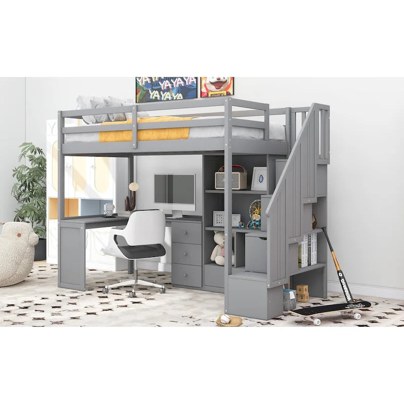 Twin Size Loft Bed with L-Shaped Desk and Drawers, Cabinet and Storage Staircase