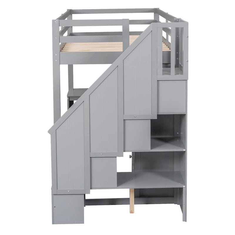 Twin Size Loft Bed with L-Shaped Desk and Drawers, Cabinet and Storage Staircase