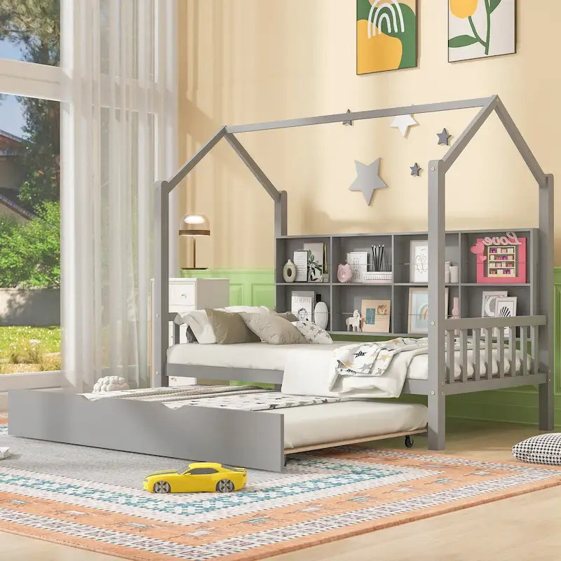 Houten huisbed voor eenpersoonsmatras met uitschuifbed, kinderbed met plank