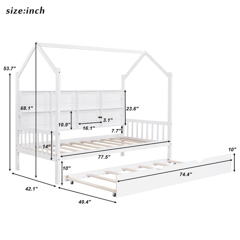 Houten huisbed voor eenpersoonsmatras met uitschuifbed, kinderbed met plank
