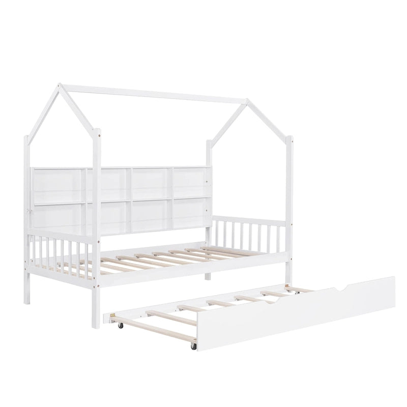 Holzhausbett in Einzelbettgröße mit Ausziehbett, Kinderbett mit Ablage