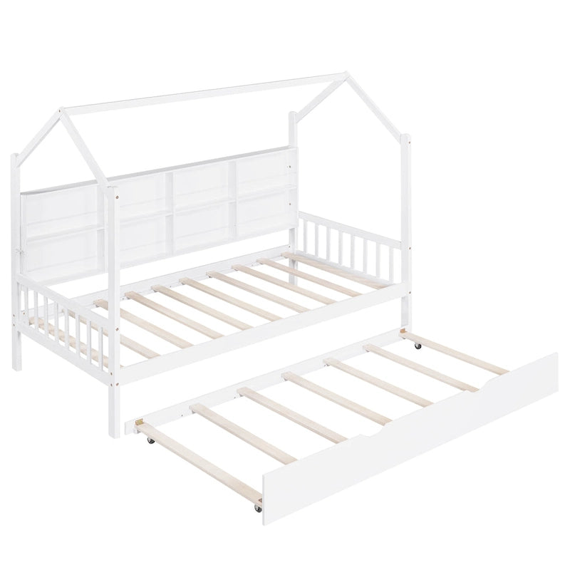 Holzhausbett in Einzelbettgröße mit Ausziehbett, Kinderbett mit Ablage