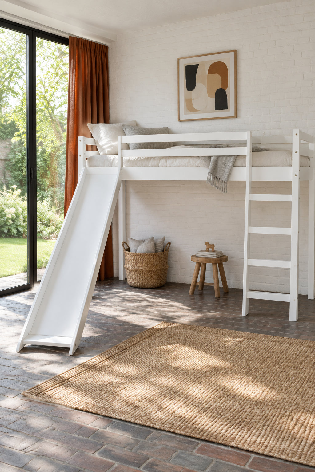 Kids Loft Bed with Slide, Full Size, Wood Low Loftbed Frame with Ladder and Underneath Spacious Space, for Boys Girls