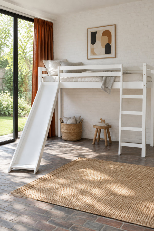 Kids Loft Bed with Slide, Full Size, Wood Low Loftbed Frame with Ladder and Underneath Spacious Space, for Boys Girls