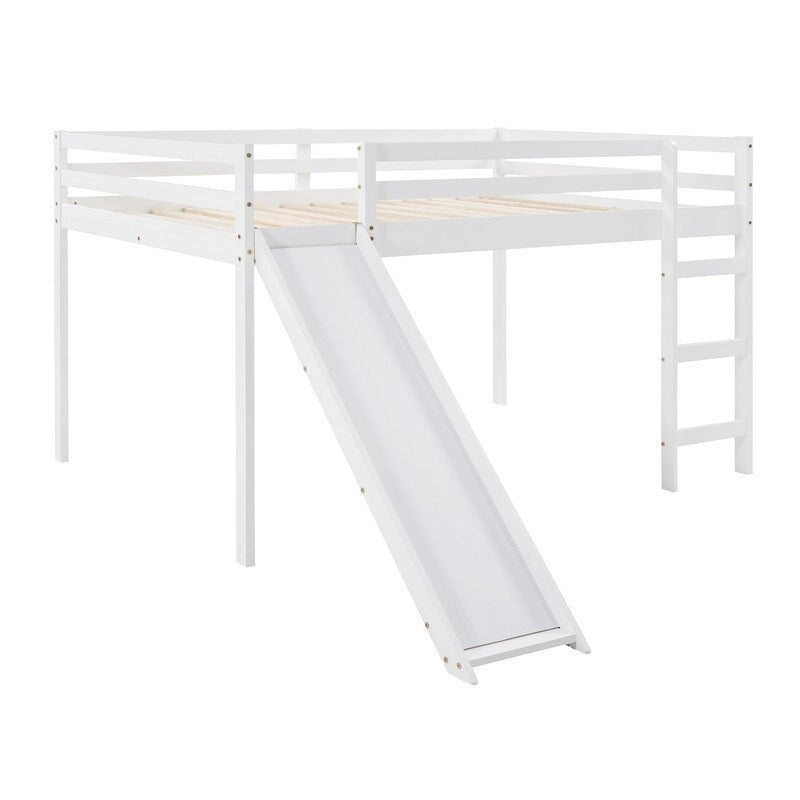 Kinder-Hochbett mit Rutsche, Full-Size, niedriges Holz-Hochbettgestell mit Leiter und großzügigem Platz darunter, für Jungen und Mädchen