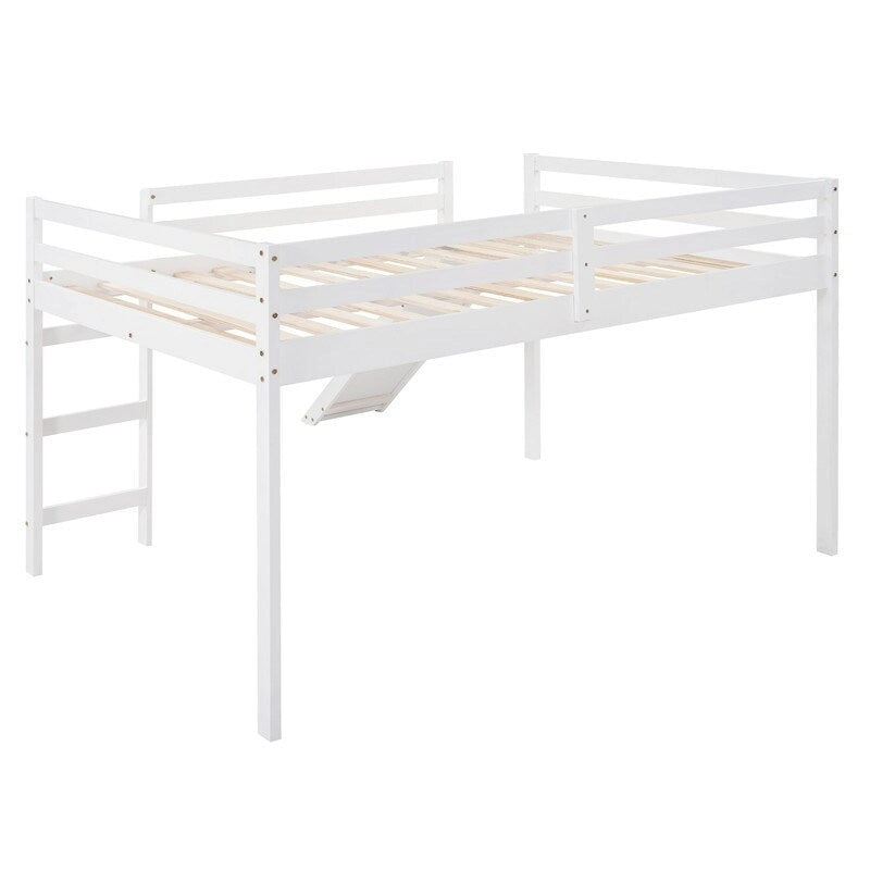 Hoogslaper voor kinderen met glijbaan, Full Size, houten laag model met ladder en ruime ruimte eronder, voor jongens en meisjes