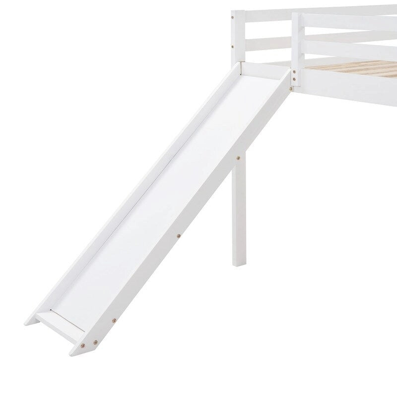 Kinder-Hochbett mit Rutsche, Full-Size, niedriges Holz-Hochbettgestell mit Leiter und großzügigem Platz darunter, für Jungen und Mädchen