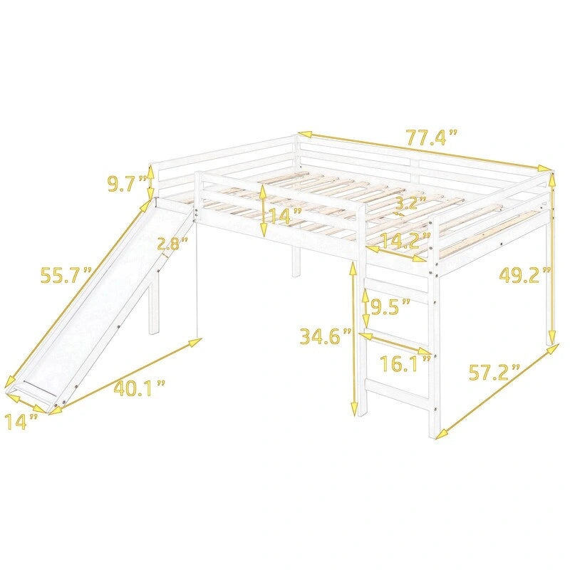 Kinder-Hochbett mit Rutsche, Full-Size, niedriges Holz-Hochbettgestell mit Leiter und großzügigem Platz darunter, für Jungen und Mädchen
