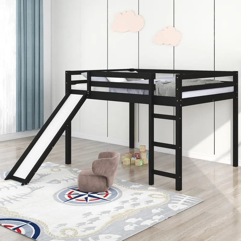 Kinder-Hochbett mit Rutsche, Full-Size, niedriges Holz-Hochbettgestell mit Leiter und großzügigem Platz darunter, für Jungen und Mädchen