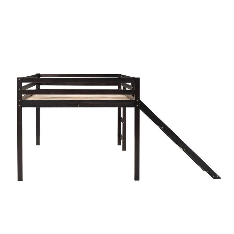 Kinder-Hochbett mit Rutsche, Full-Size, niedriges Holz-Hochbettgestell mit Leiter und großzügigem Platz darunter, für Jungen und Mädchen