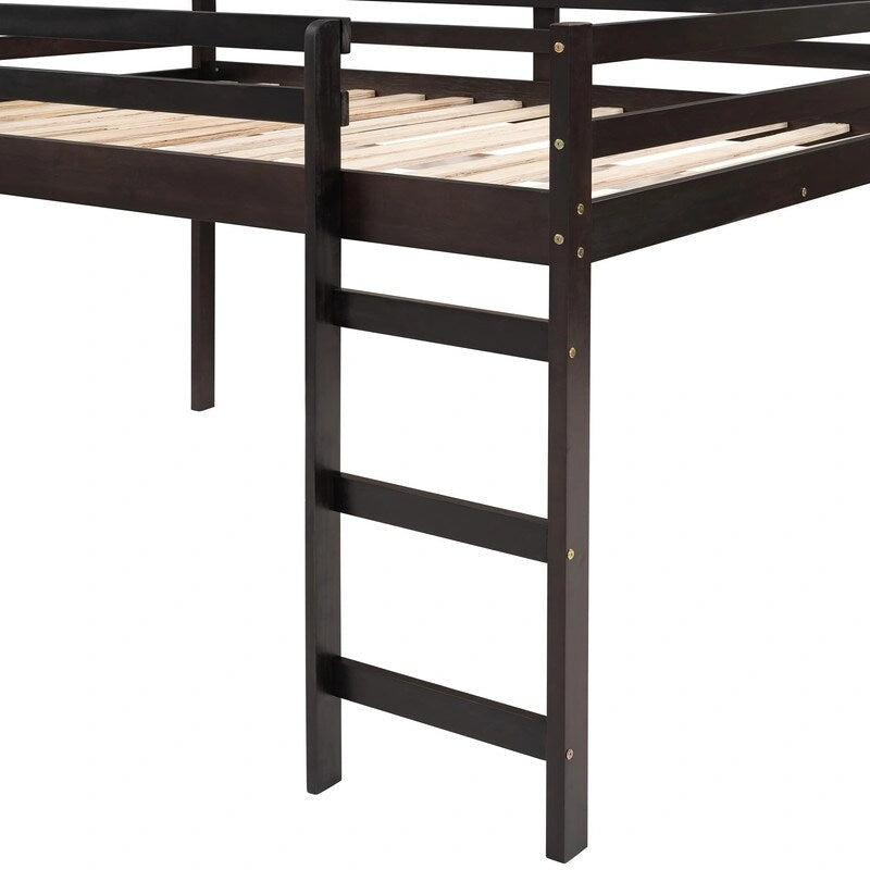 Kinder-Hochbett mit Rutsche, Full-Size, niedriges Holz-Hochbettgestell mit Leiter und großzügigem Platz darunter, für Jungen und Mädchen