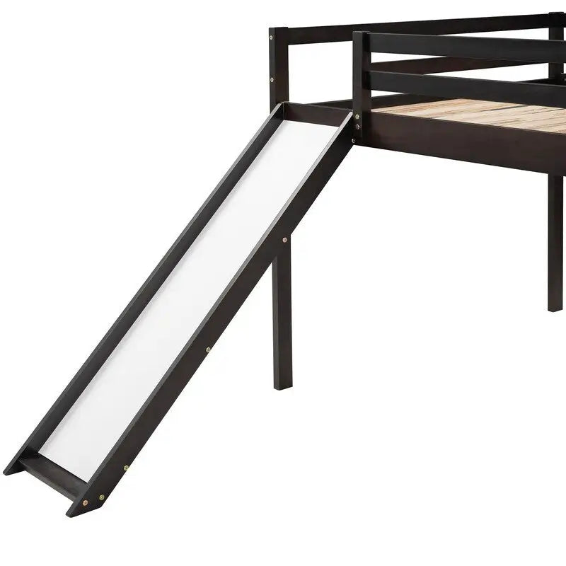 Kinder-Hochbett mit Rutsche, Full-Size, niedriges Holz-Hochbettgestell mit Leiter und großzügigem Platz darunter, für Jungen und Mädchen
