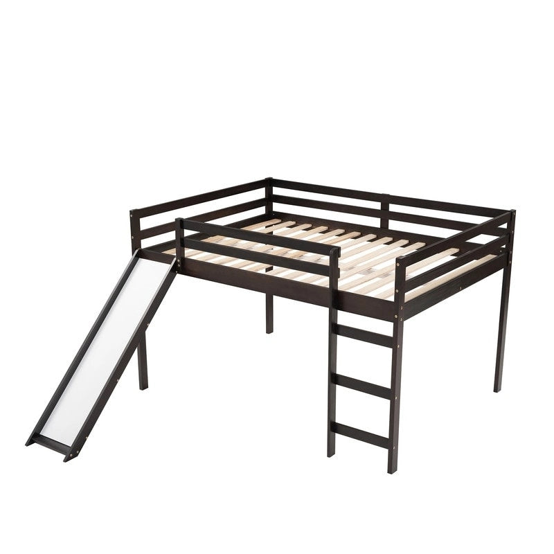 Kinder-Hochbett mit Rutsche, Full-Size, niedriges Holz-Hochbettgestell mit Leiter und großzügigem Platz darunter, für Jungen und Mädchen