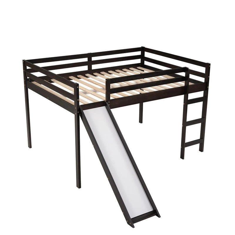Kinder-Hochbett mit Rutsche, Full-Size, niedriges Holz-Hochbettgestell mit Leiter und großzügigem Platz darunter, für Jungen und Mädchen