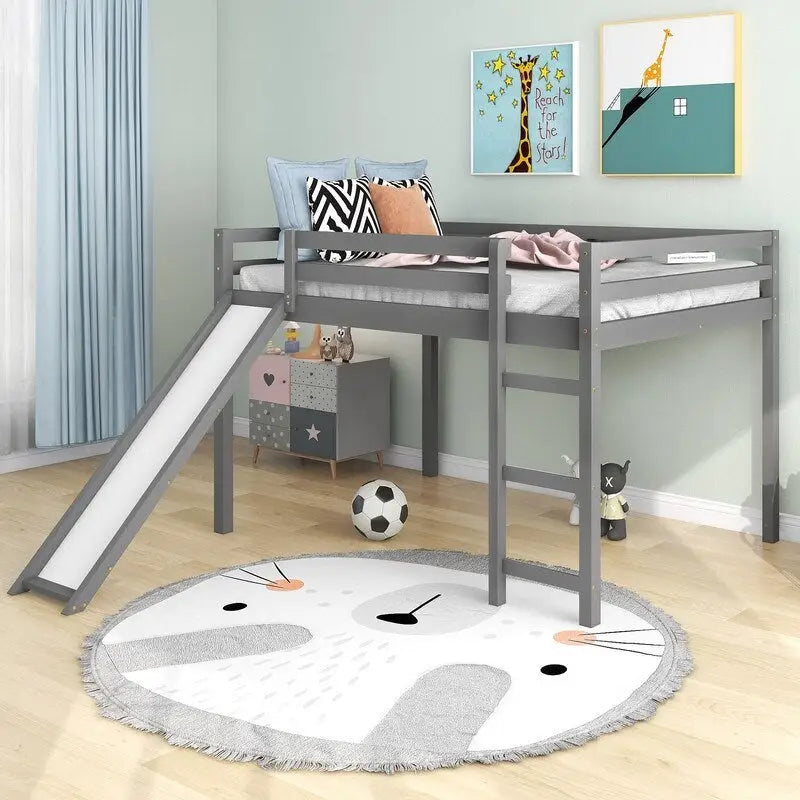 Kinder-Hochbett mit Rutsche, Full-Size, niedriges Holz-Hochbettgestell mit Leiter und großzügigem Platz darunter, für Jungen und Mädchen