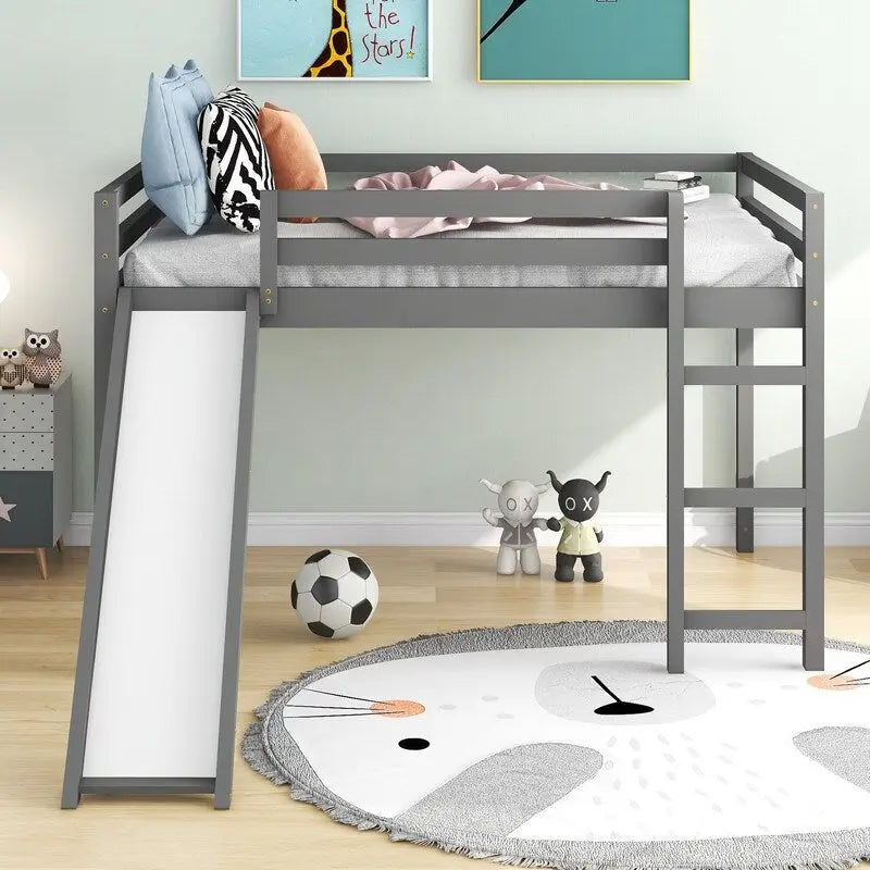 Kinder-Hochbett mit Rutsche, Full-Size, niedriges Holz-Hochbettgestell mit Leiter und großzügigem Platz darunter, für Jungen und Mädchen