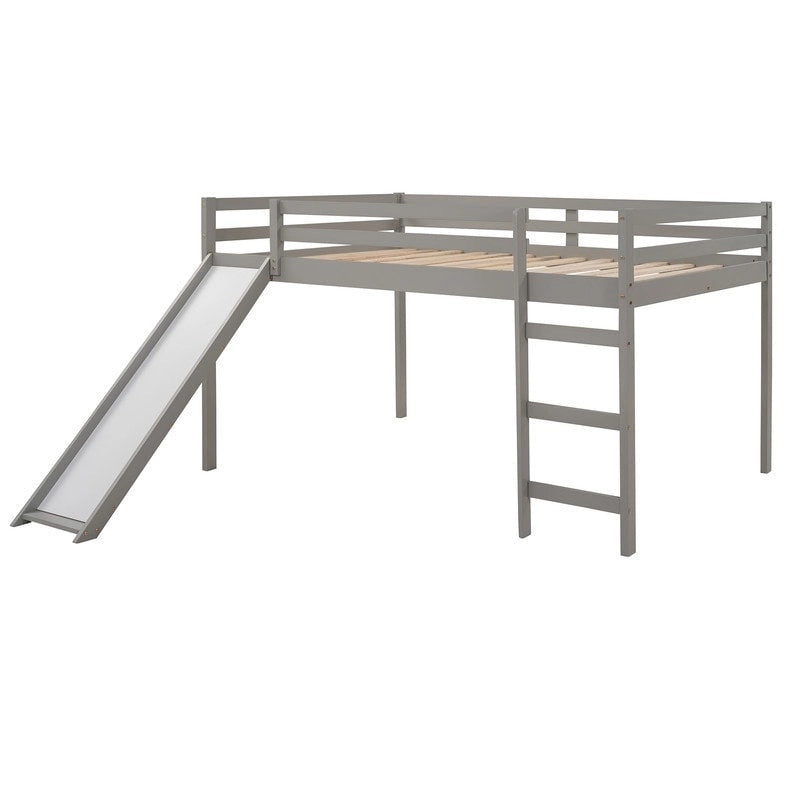 Kinder-Hochbett mit Rutsche, Full-Size, niedriges Holz-Hochbettgestell mit Leiter und großzügigem Platz darunter, für Jungen und Mädchen