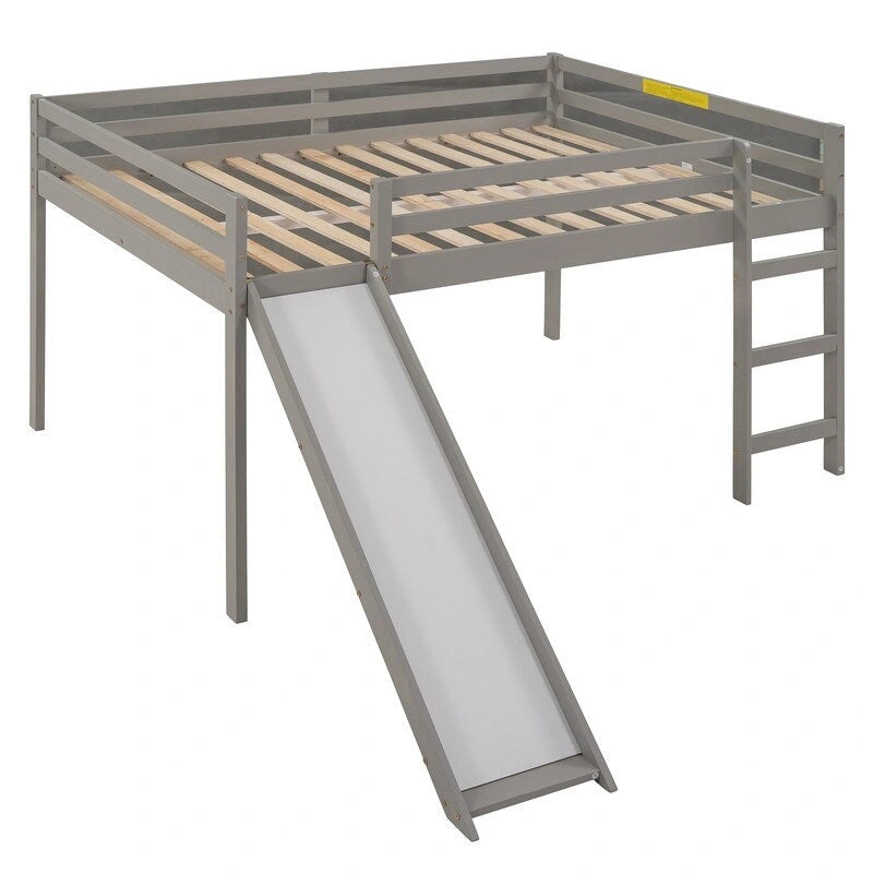 Kinder-Hochbett mit Rutsche, Full-Size, niedriges Holz-Hochbettgestell mit Leiter und großzügigem Platz darunter, für Jungen und Mädchen