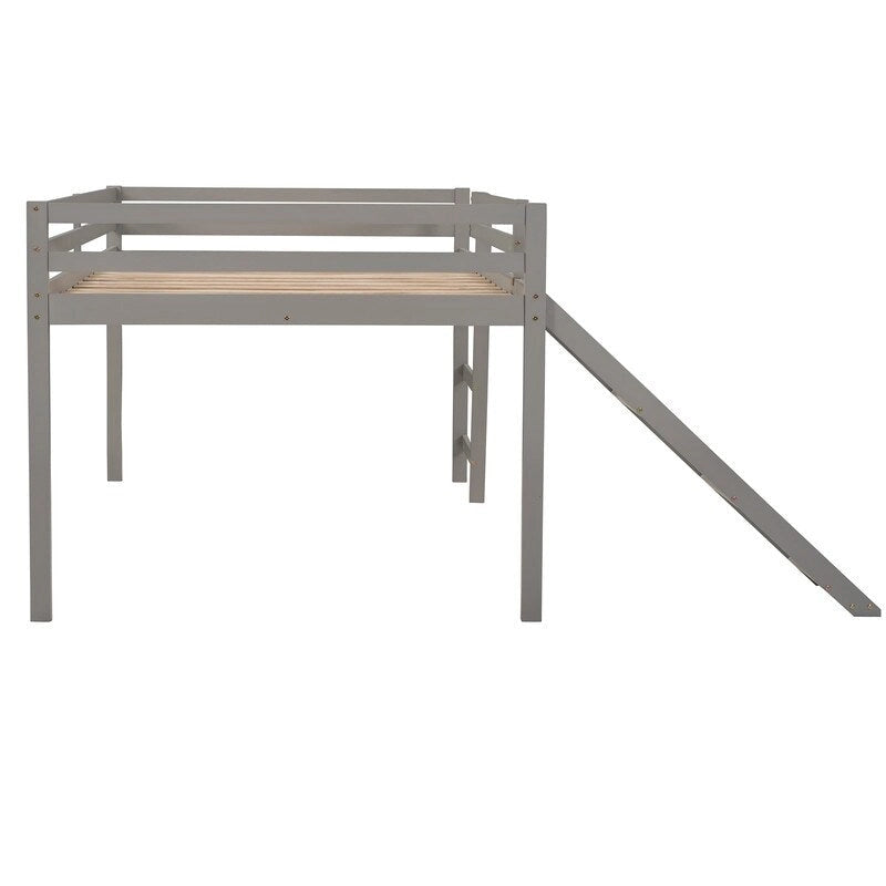 Kinder-Hochbett mit Rutsche, Full-Size, niedriges Holz-Hochbettgestell mit Leiter und großzügigem Platz darunter, für Jungen und Mädchen