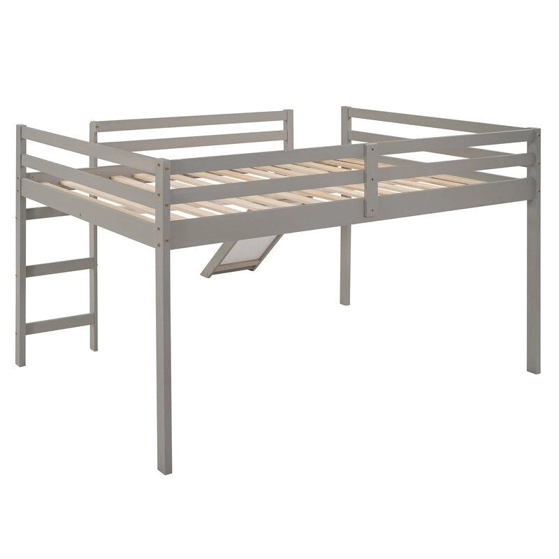 Kinder-Hochbett mit Rutsche, Full-Size, niedriges Holz-Hochbettgestell mit Leiter und großzügigem Platz darunter, für Jungen und Mädchen