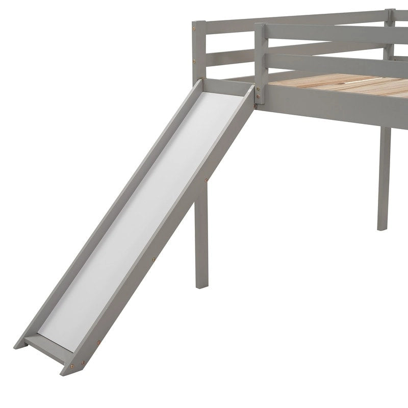 Kinder-Hochbett mit Rutsche, Full-Size, niedriges Holz-Hochbettgestell mit Leiter und großzügigem Platz darunter, für Jungen und Mädchen