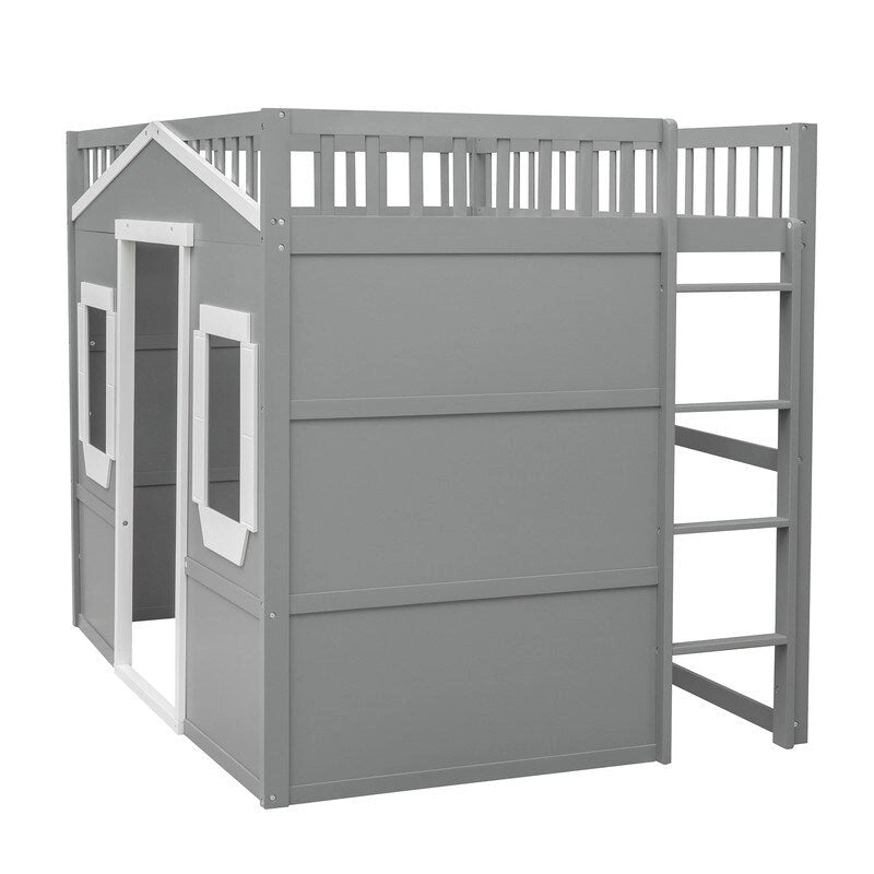 Hochbett in voller Größe im Hausdesign mit Leiter und Fenstern