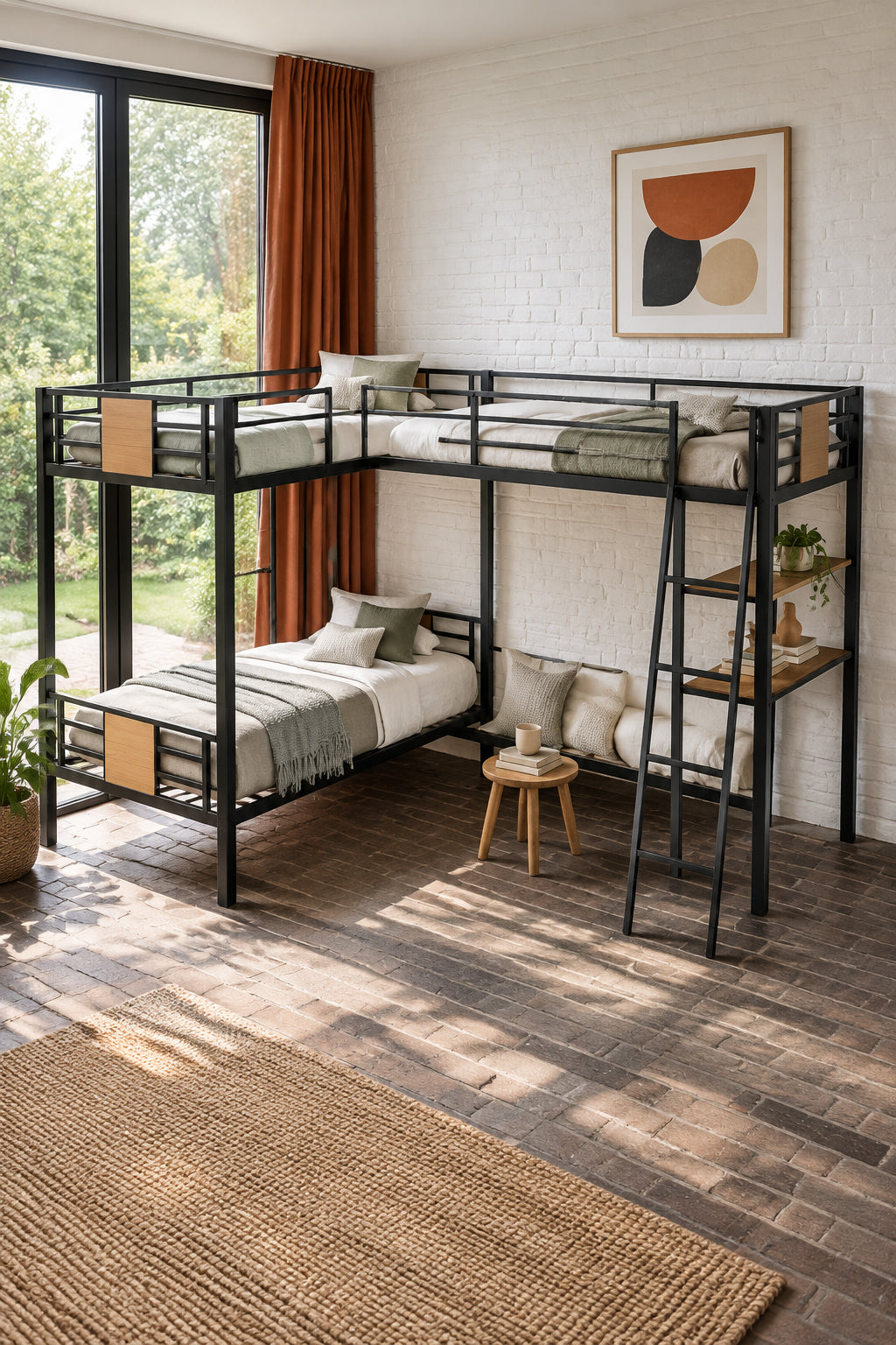 L-Shaped Twin over Twin Bunk Bed with Twin Size Loft Bed with Desk and Shelf ,Brown