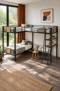 L-Shaped Twin over Twin Bunk Bed with Twin Size Loft Bed with Desk and Shelf ,Brown