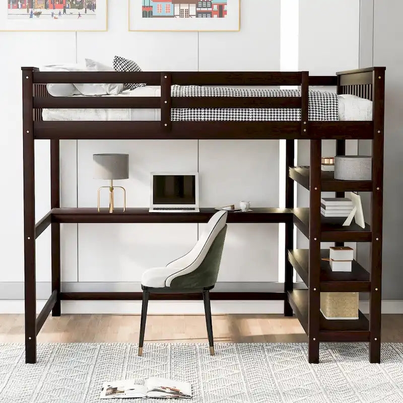Hochbett in voller Größe mit Ablageregalen und Schreibtisch unter dem Bett, Espresso