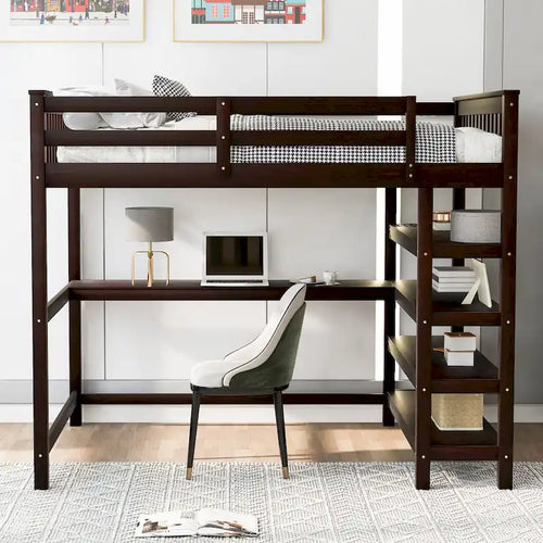 Letto a soppalco matrimoniale con ripiani contenitori e scrivania sotto il letto, color espresso