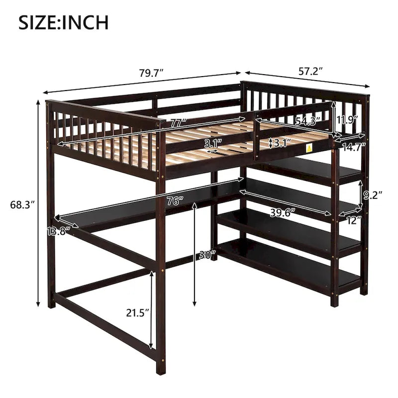 Hochbett in voller Größe mit Ablageregalen und Schreibtisch unter dem Bett, Espresso