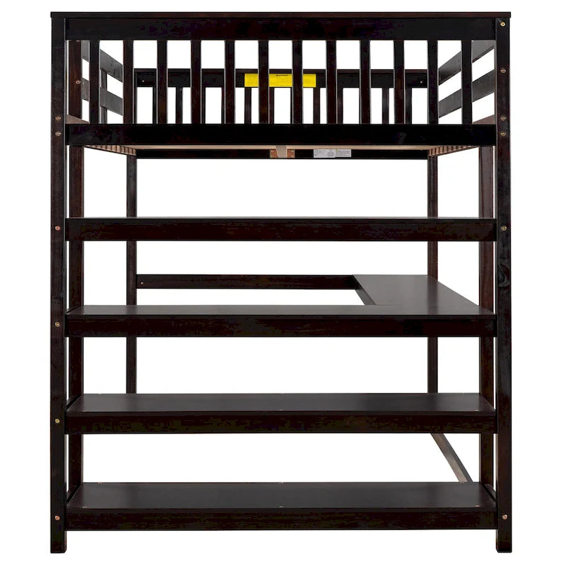 Hochbett in voller Größe mit Ablageregalen und Schreibtisch unter dem Bett, Espresso
