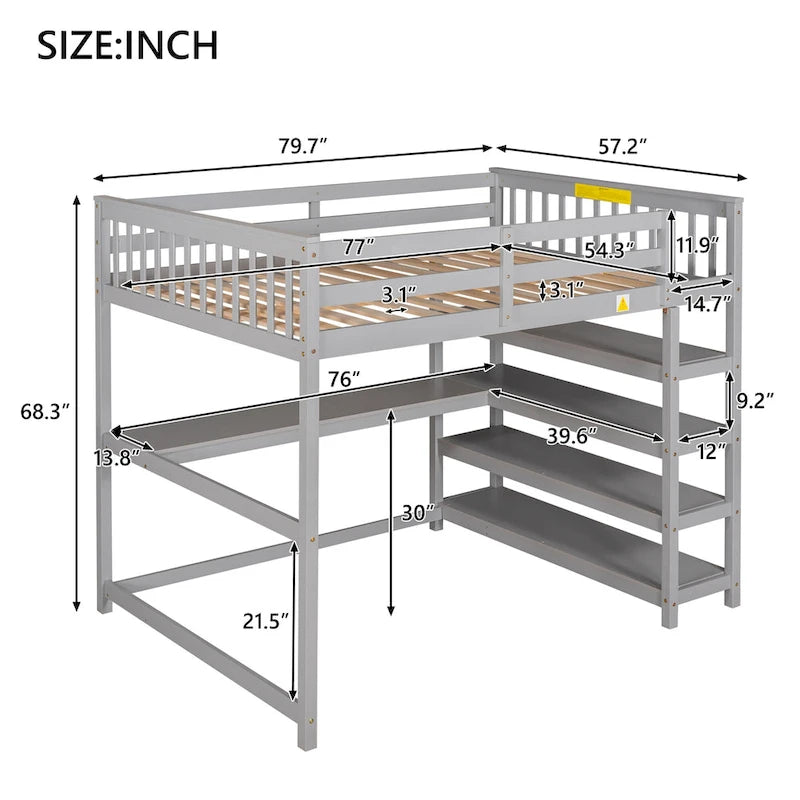 Hochbett in voller Größe mit Ablageregalen und Schreibtisch unter dem Bett, Espresso