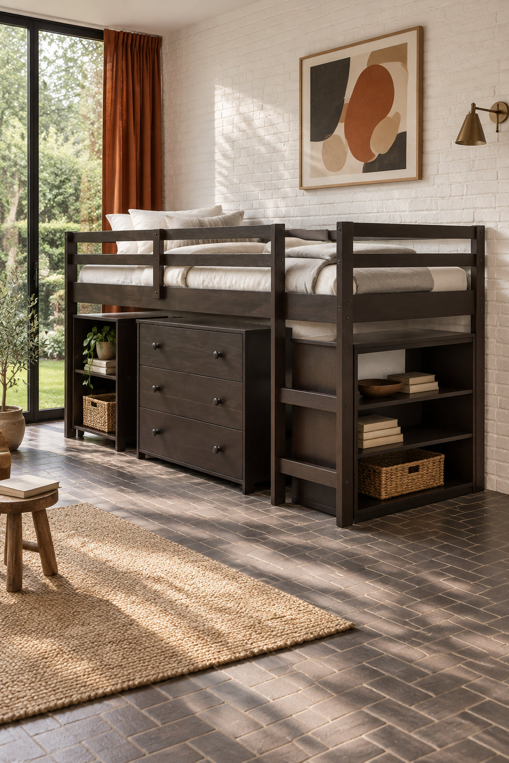 Low Study Twin Loft Bed with Cabinet and Rolling Portable Desk - Espresso