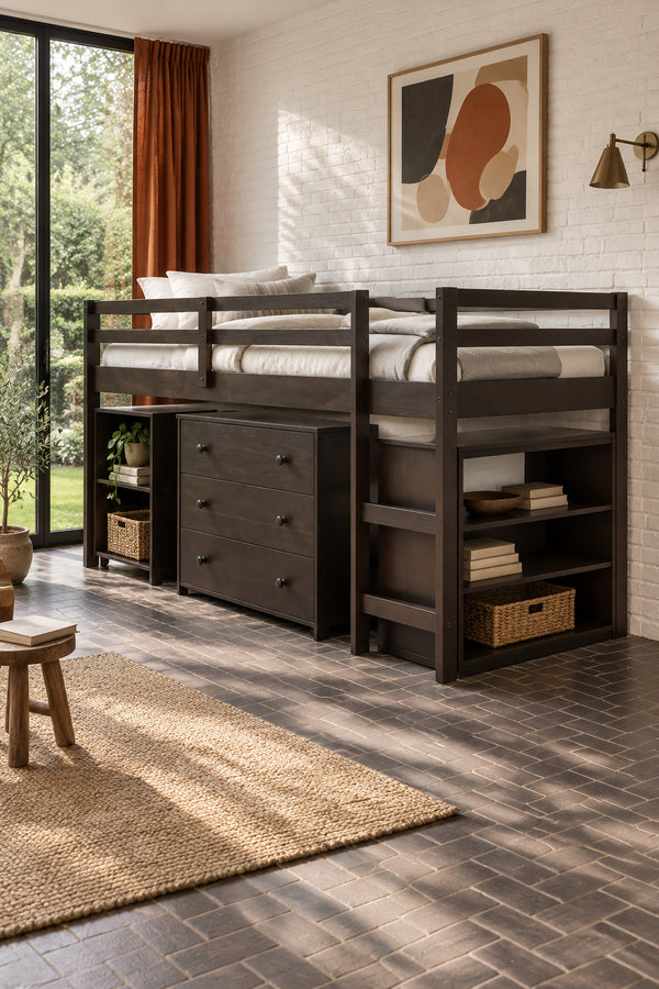 Low Study Twin Loft Bed with Cabinet and Rolling Portable Desk - Espresso