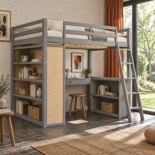 Full Size Loft Bed with Ladder, Shelves, and Desk, Gray