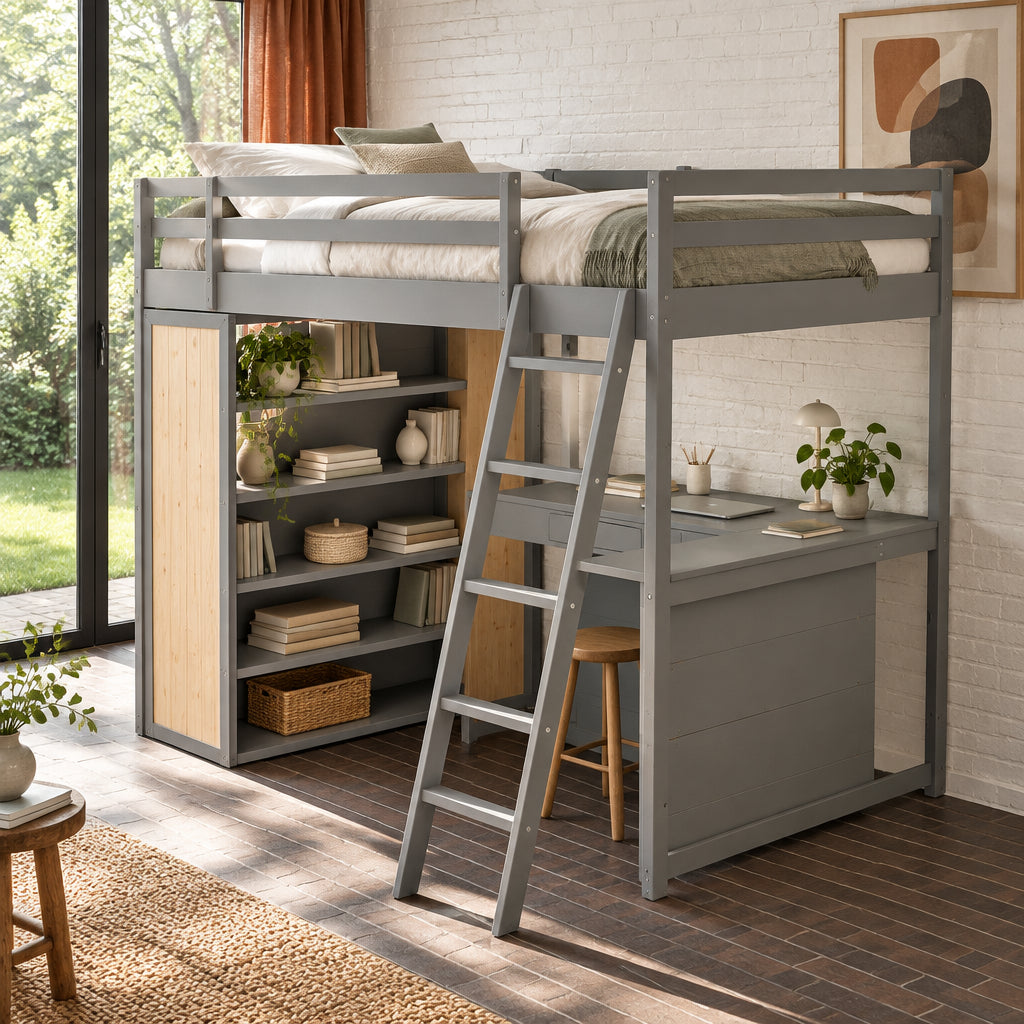 Full Size Loft Bed with Ladder, Shelves, and Desk, Gray