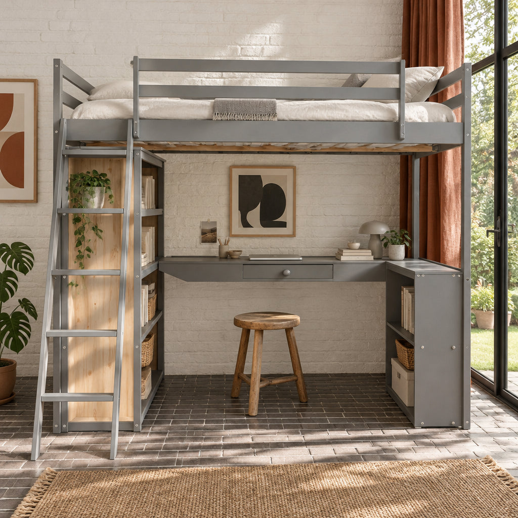 Full Size Loft Bed with Ladder, Shelves, and Desk, Gray