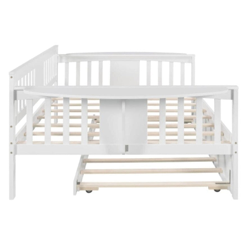 Letto da giorno matrimoniale con supporto a doghe in legno e letto estraibile singolo, bianco